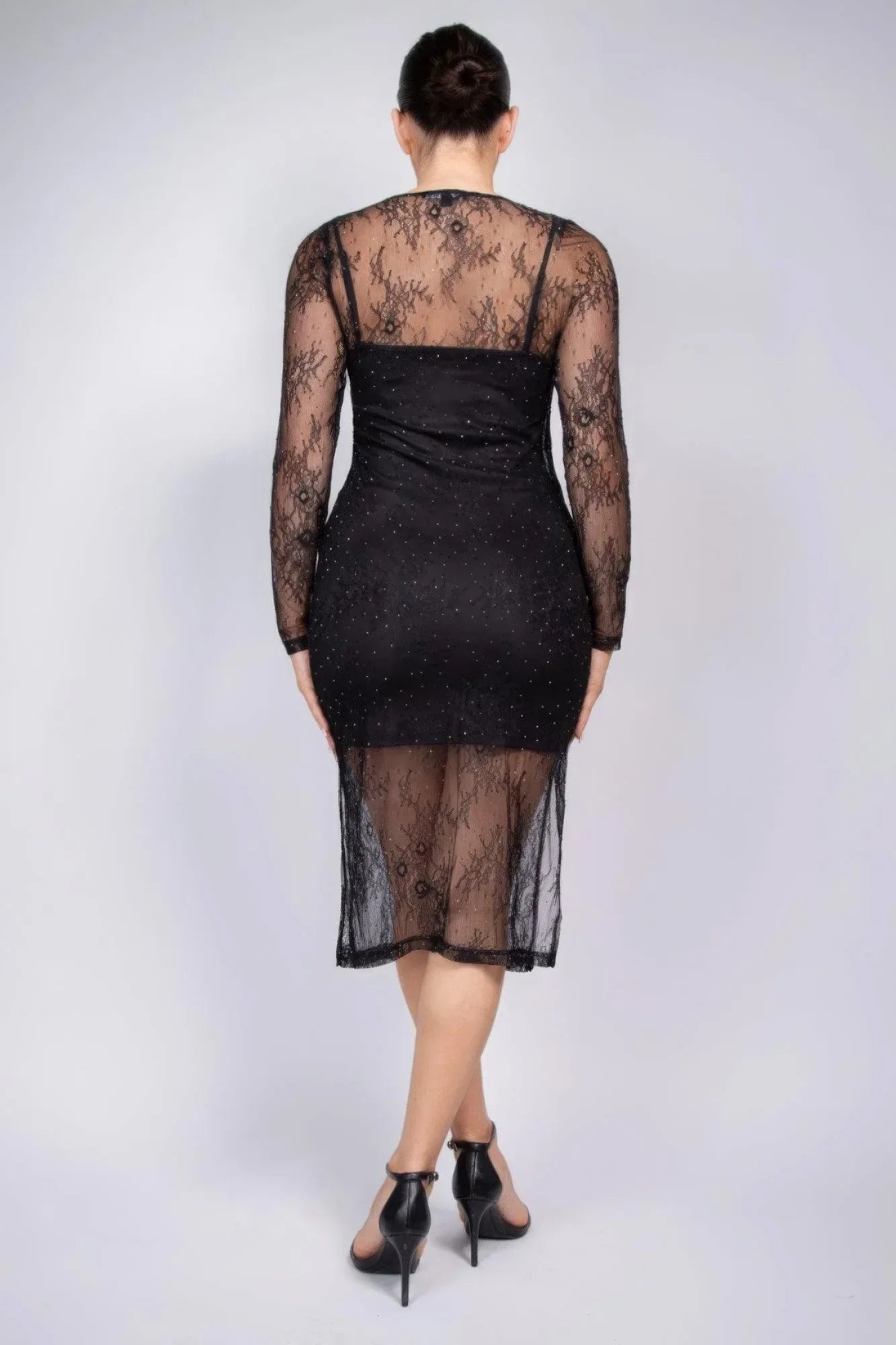 Lace Rhinestone-studded Slit Midi Dress | Mixtshop LLC