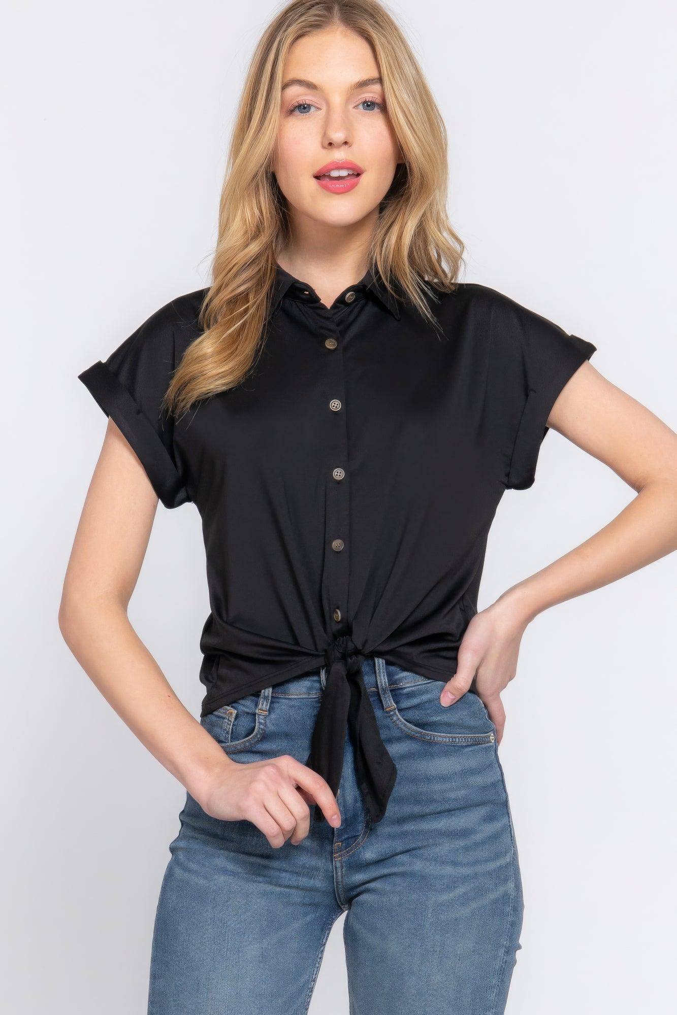 Short Slv Front Tie Stretch Ity Top | Mixtshop LLC Main image