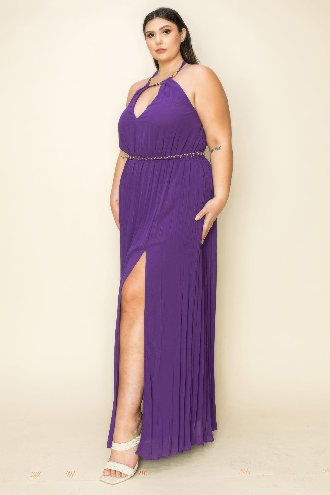 Chiffon Pleated Gold Trim Neck & Belt Cut Out Chest Maxi Dress | Mixtshop LLC