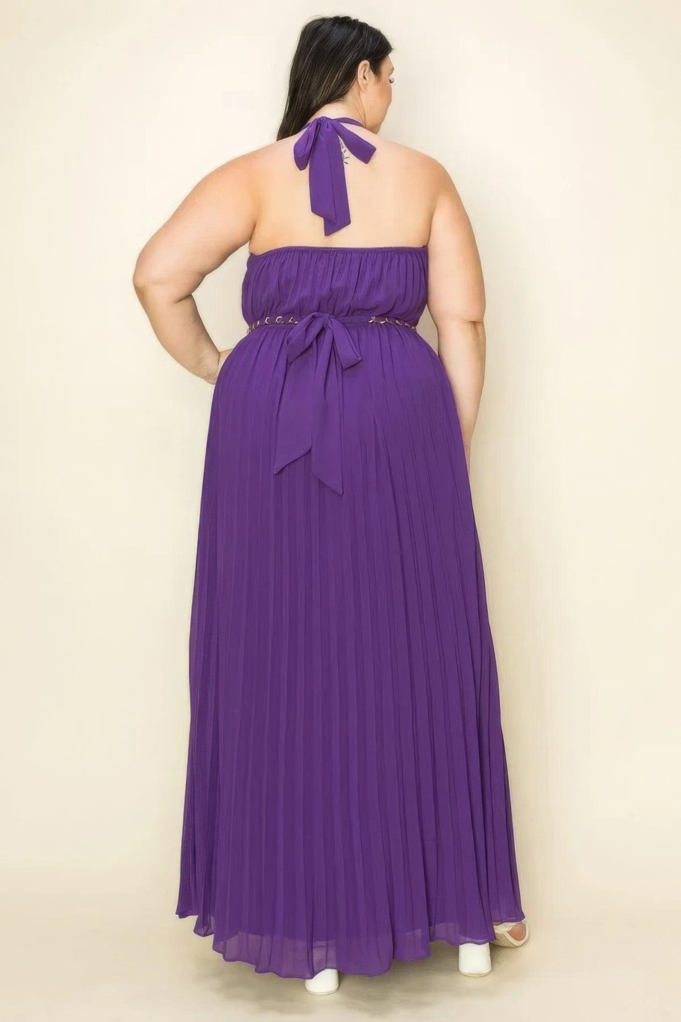 Chiffon Pleated Gold Trim Neck & Belt Cut Out Chest Maxi Dress | Mixtshop LLC