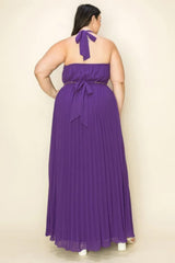 Chiffon Pleated Gold Trim Neck & Belt Cut Out Chest Maxi Dress | Mixtshop LLC