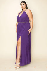 Chiffon Pleated Gold Trim Neck & Belt Cut Out Chest Maxi Dress | Mixtshop LLC