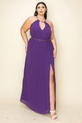 Chiffon Pleated Gold Trim Neck & Belt Cut Out Chest Maxi Dress | Mixtshop LLC