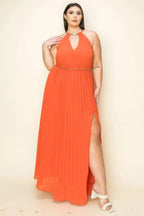 Chiffon Pleated Gold Trim Neck & Belt Cut Out Chest Maxi Dress | Mixtshop LLC
