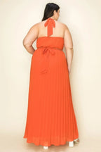 Chiffon Pleated Gold Trim Neck & Belt Cut Out Chest Maxi Dress | Mixtshop LLC