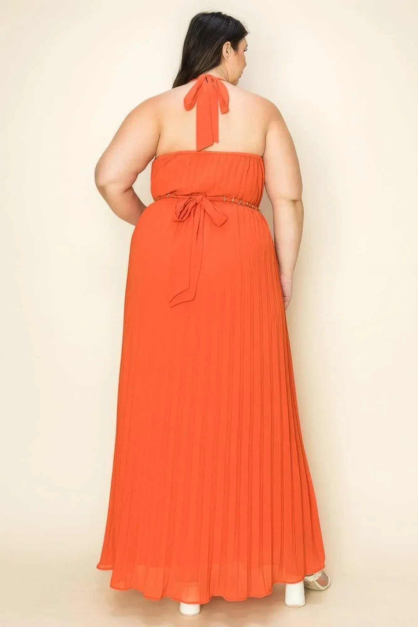 Chiffon Pleated Gold Trim Neck & Belt Cut Out Chest Maxi Dress | Mixtshop LLC