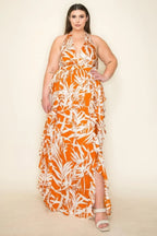 Crinkle Satin Printed Halter Ruffled Detail Smocked Waist Slit Frt Maxi Dress | Mixtshop LLC