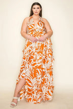 Crinkle Satin Printed Halter Ruffled Detail Smocked Waist Slit Frt Maxi Dress | Mixtshop LLC