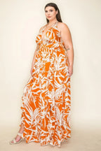 Crinkle Satin Printed Halter Ruffled Detail Smocked Waist Slit Frt Maxi Dress | Mixtshop LLC