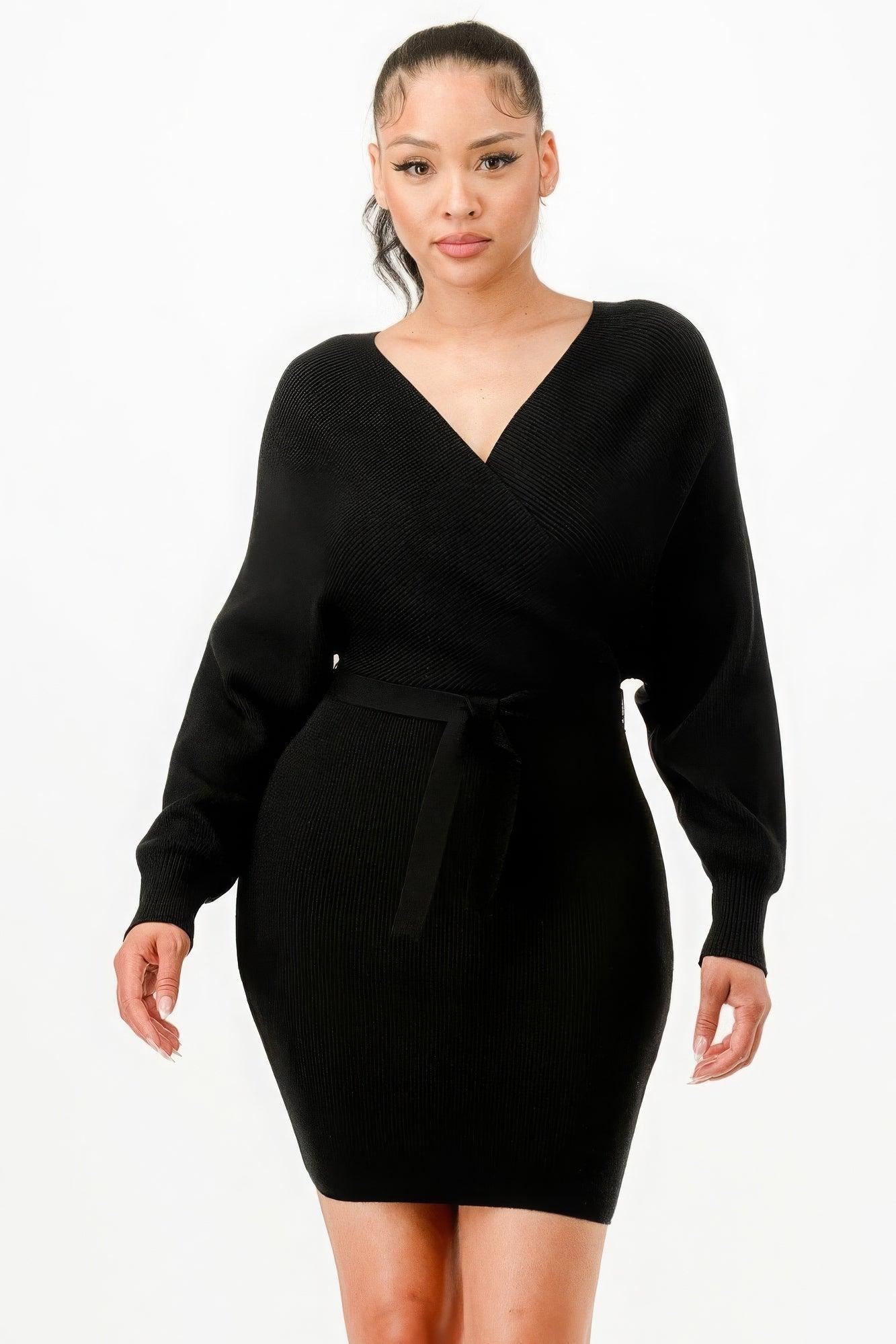 Off Shoulder Wrap Belted Ribbed Sweather Dress | Mixtshop LLC Main image