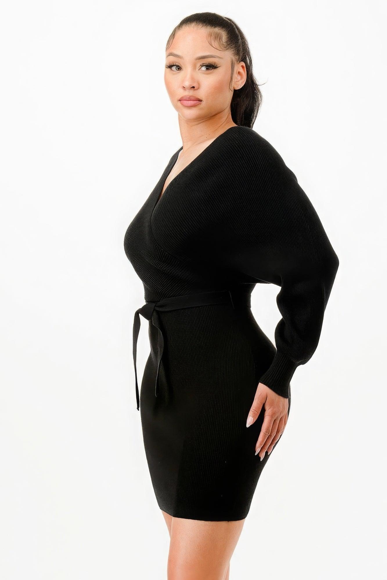 Off Shoulder Wrap Belted Ribbed Sweather Dress | Mixtshop LLC