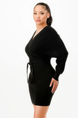 Off Shoulder Wrap Belted Ribbed Sweather Dress | Mixtshop LLC