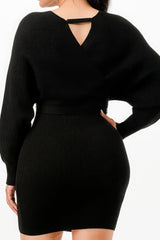Off Shoulder Wrap Belted Ribbed Sweather Dress | Mixtshop LLC