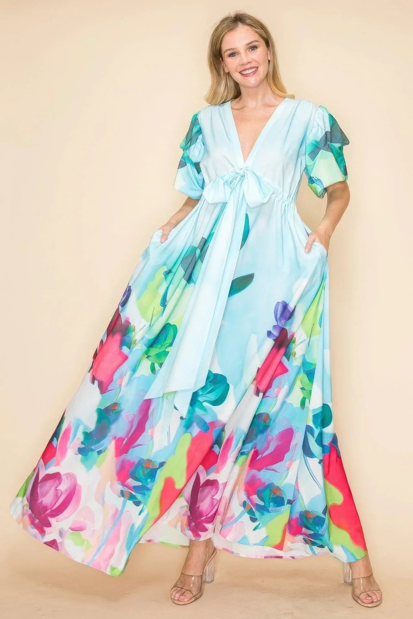 Printed V Neck Maxi Dress | Mixtshop LLC Main image