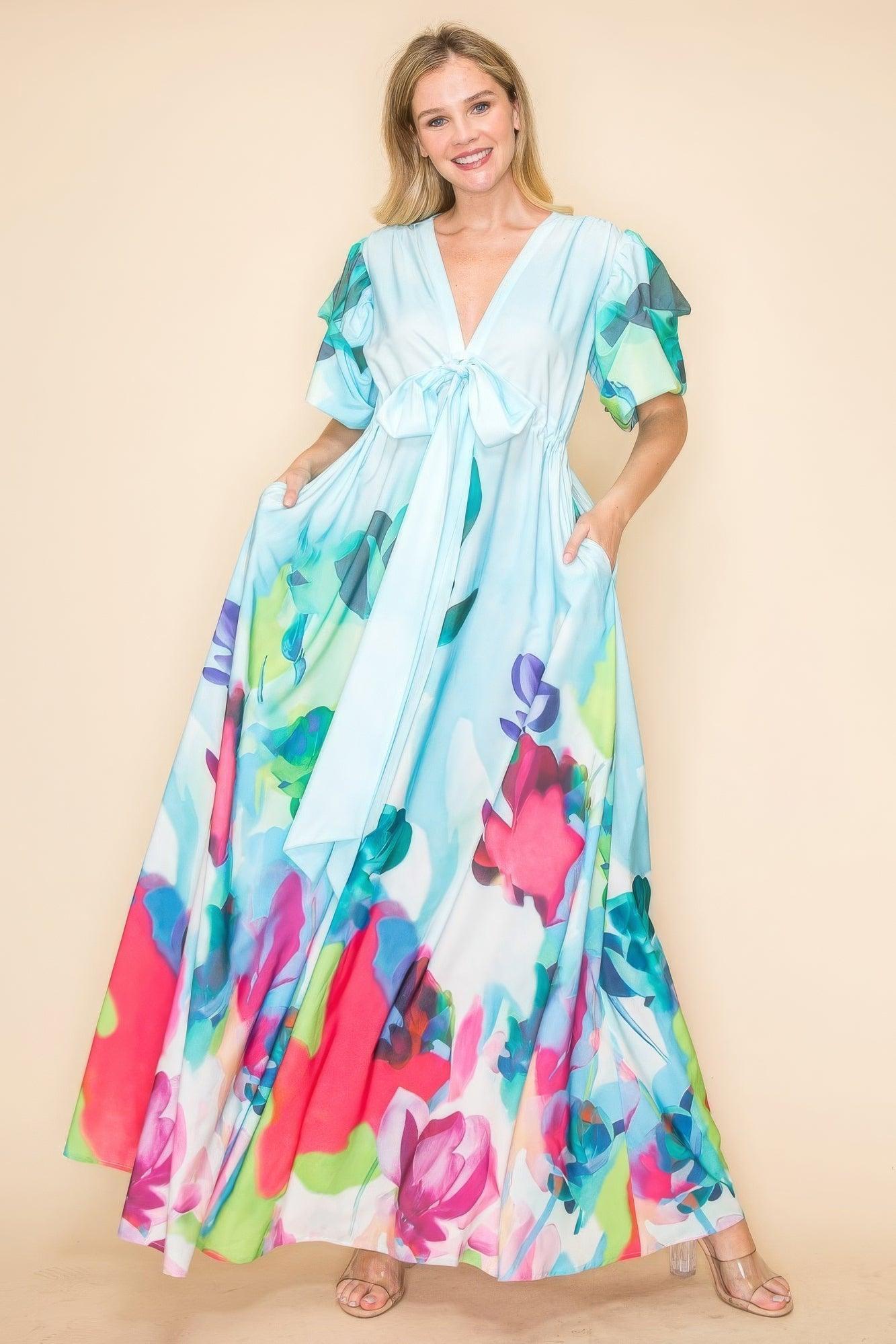 Printed V Neck Maxi Dress | Mixtshop LLC