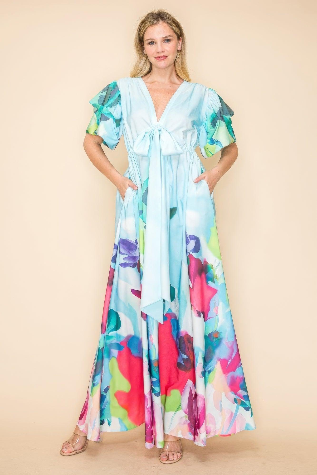 Printed V Neck Maxi Dress | Mixtshop LLC