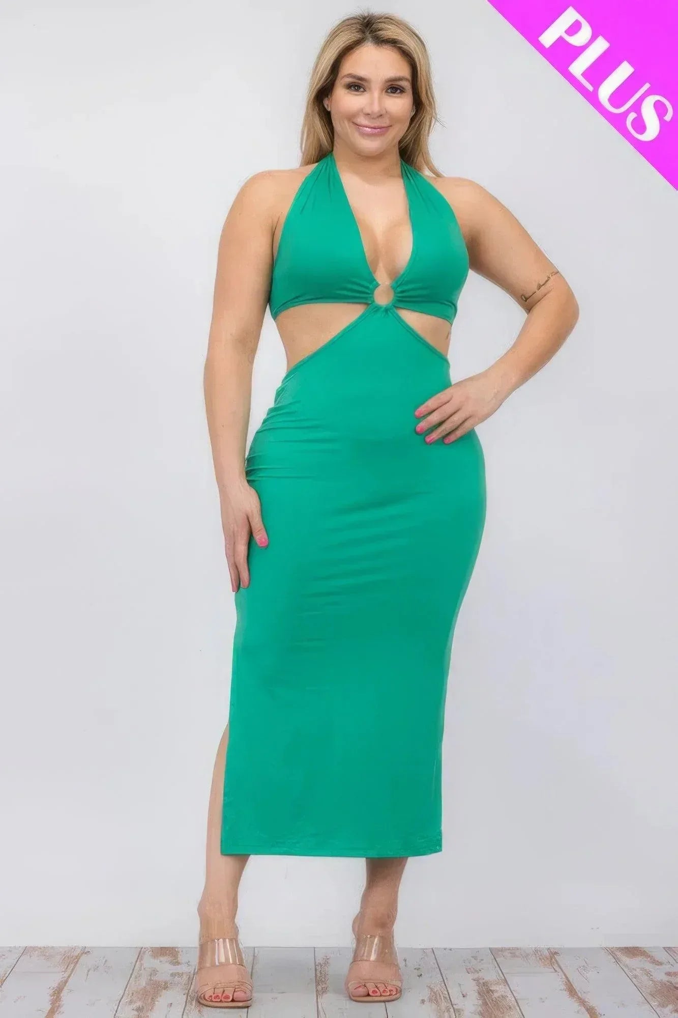 Plus Size Cut-out Halter Neck Double Back Tie Split Thigh Midi Dress | Mixtshop LLC