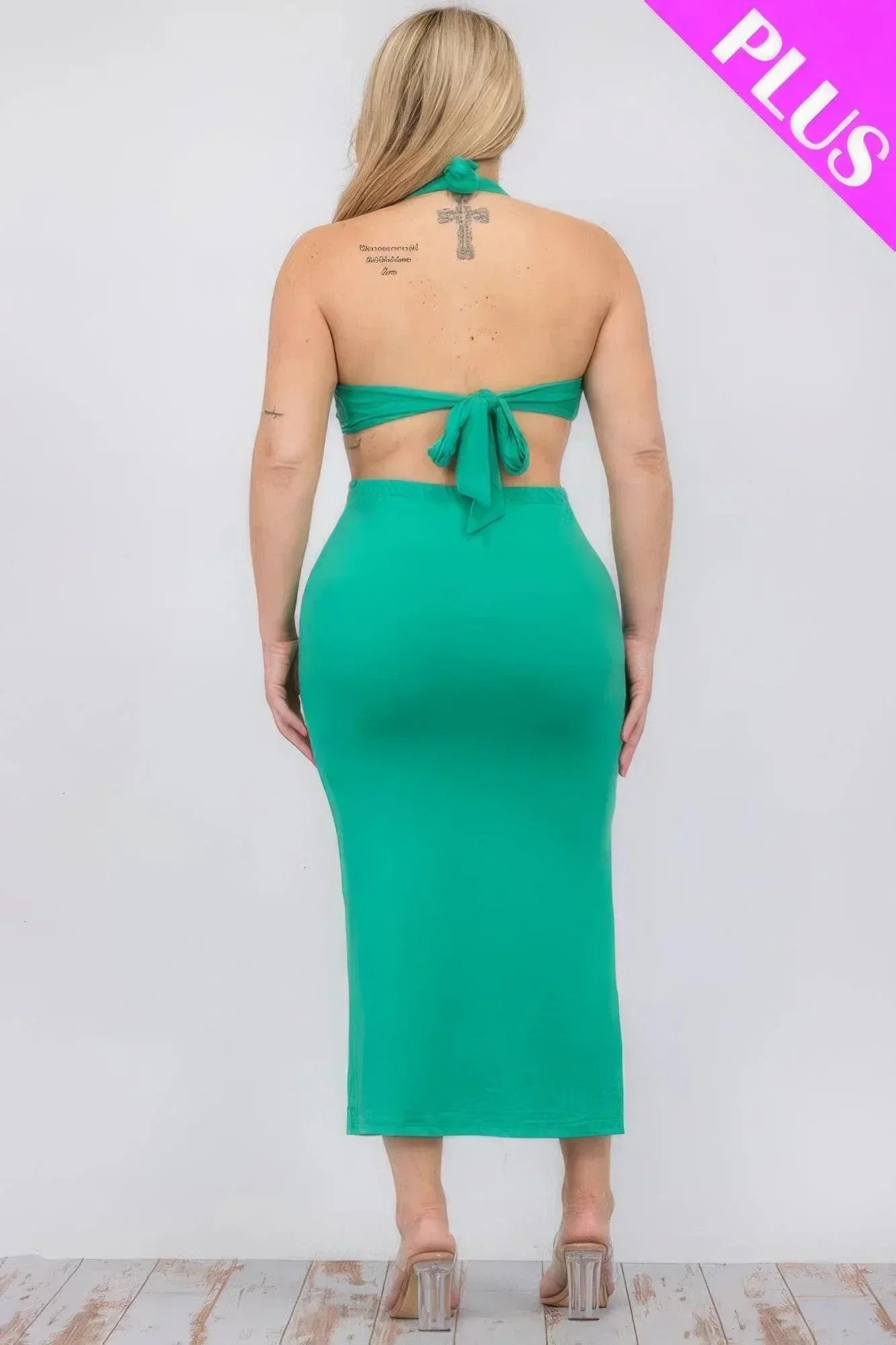 Plus Size Cut-out Halter Neck Double Back Tie Split Thigh Midi Dress | Mixtshop LLC