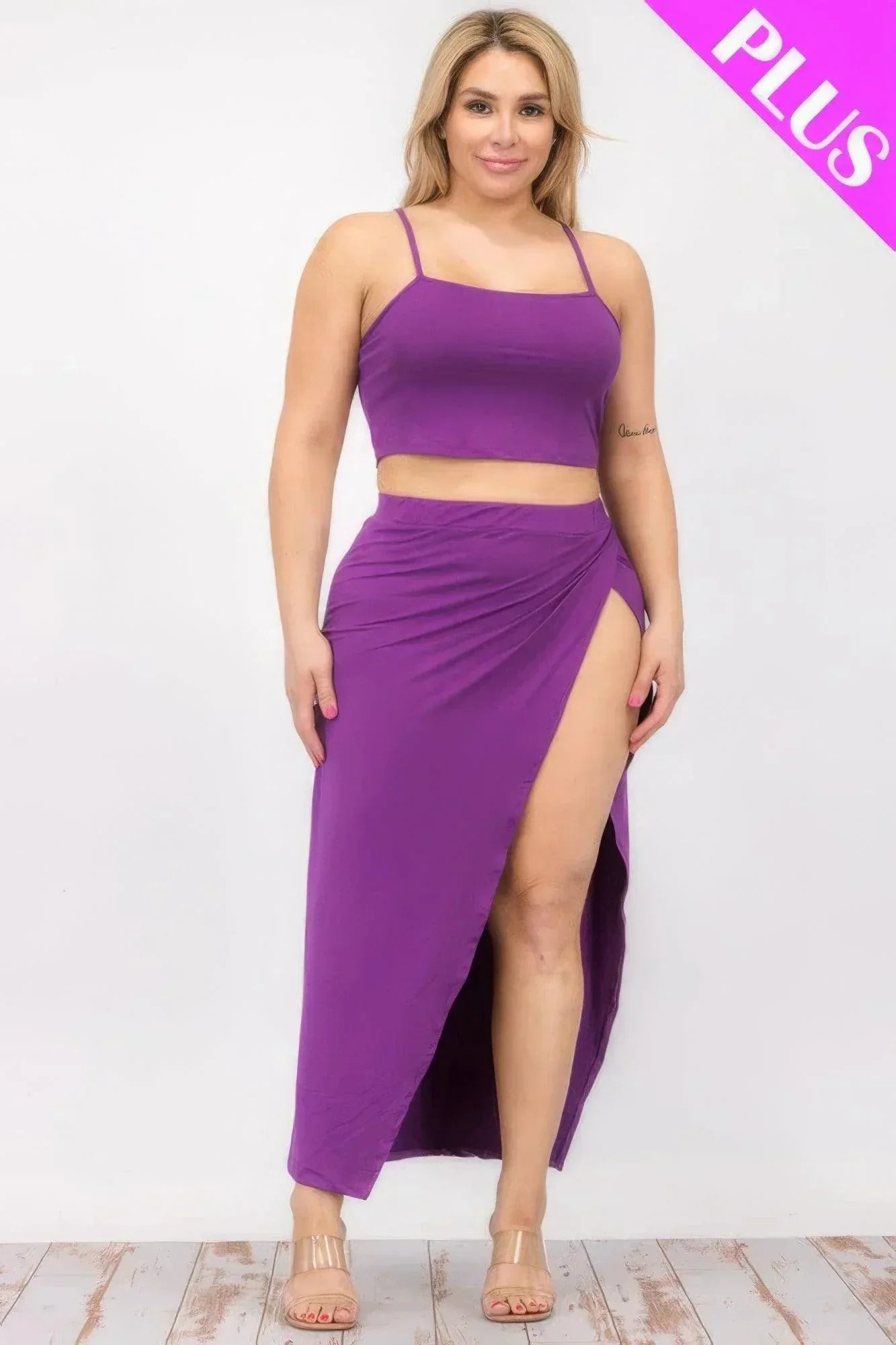 Plus Size Crop Cami & Split Thigh Maxi Skirt Set Secondary image