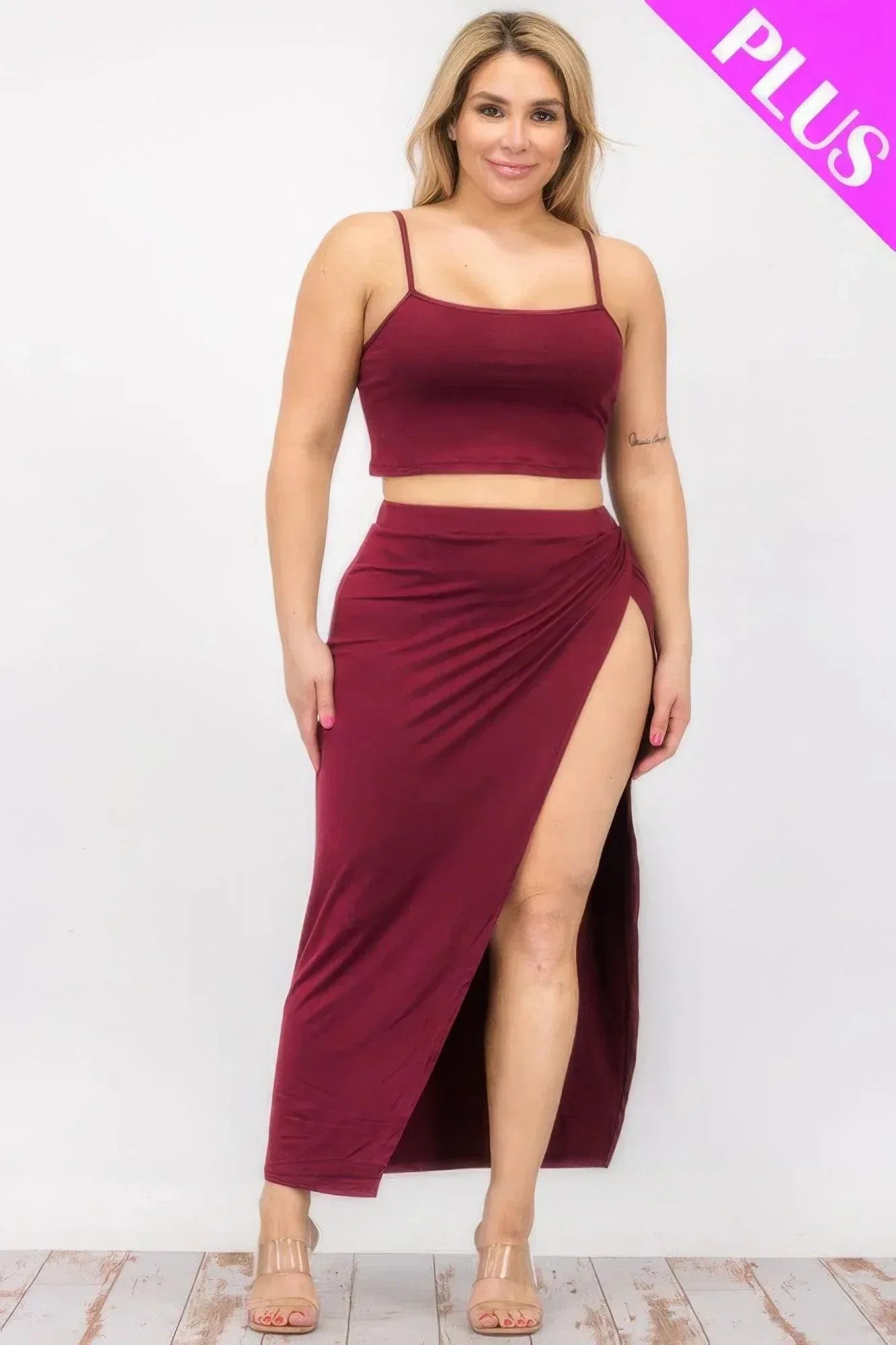 Plus Size Crop Cami & Split Thigh Maxi Skirt Set Secondary image
