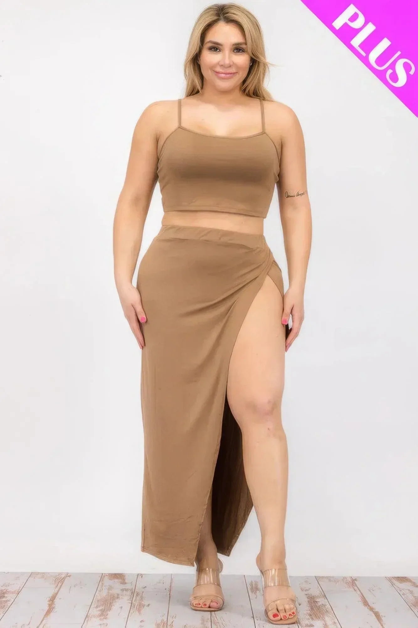 Plus Size Crop Cami & Split Thigh Maxi Skirt Set | Mixtshop LLC Main image
