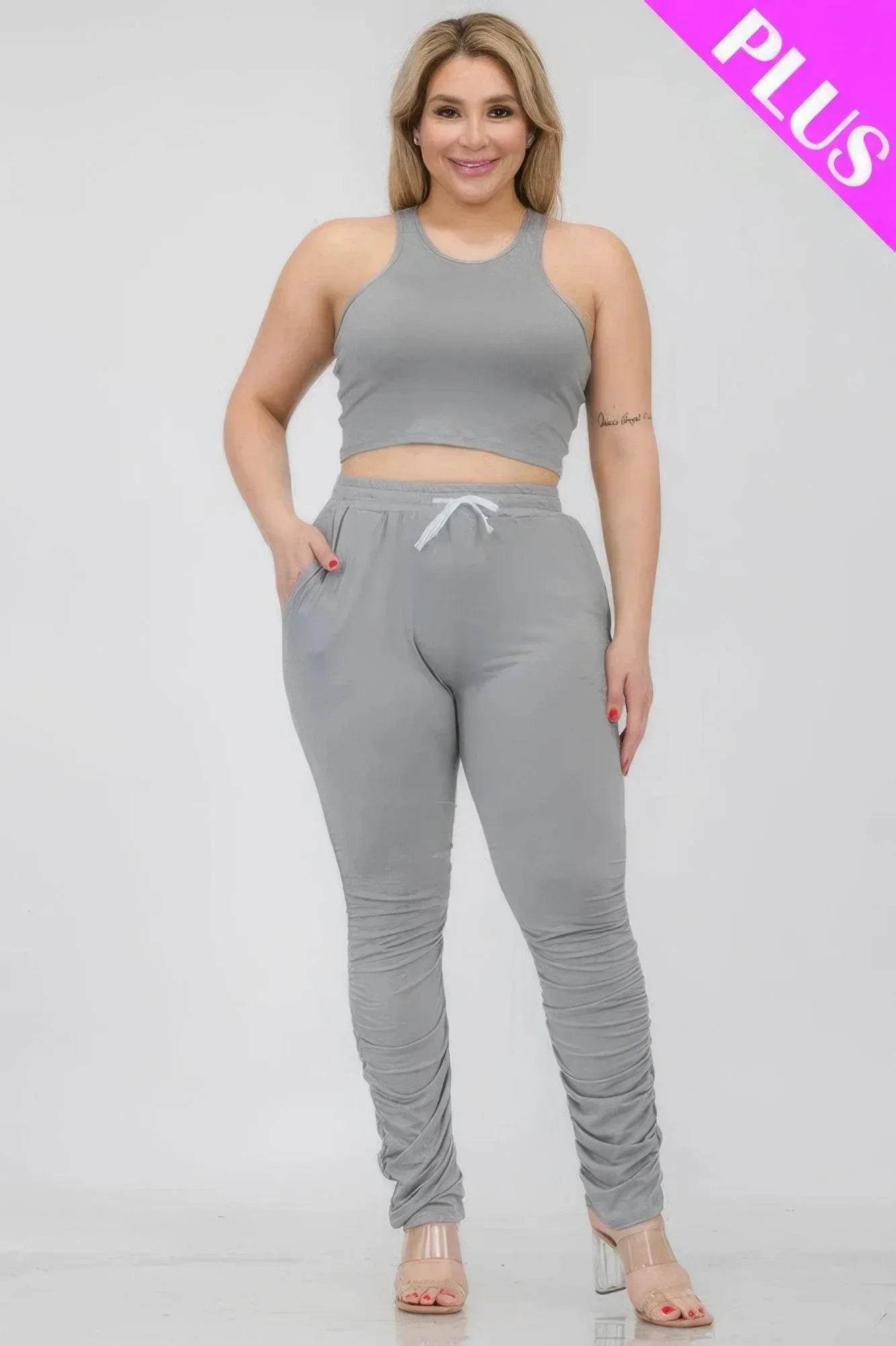 Plus Size Crop Tank Top & Ruched Pants Set | Mixtshop LLC Main image