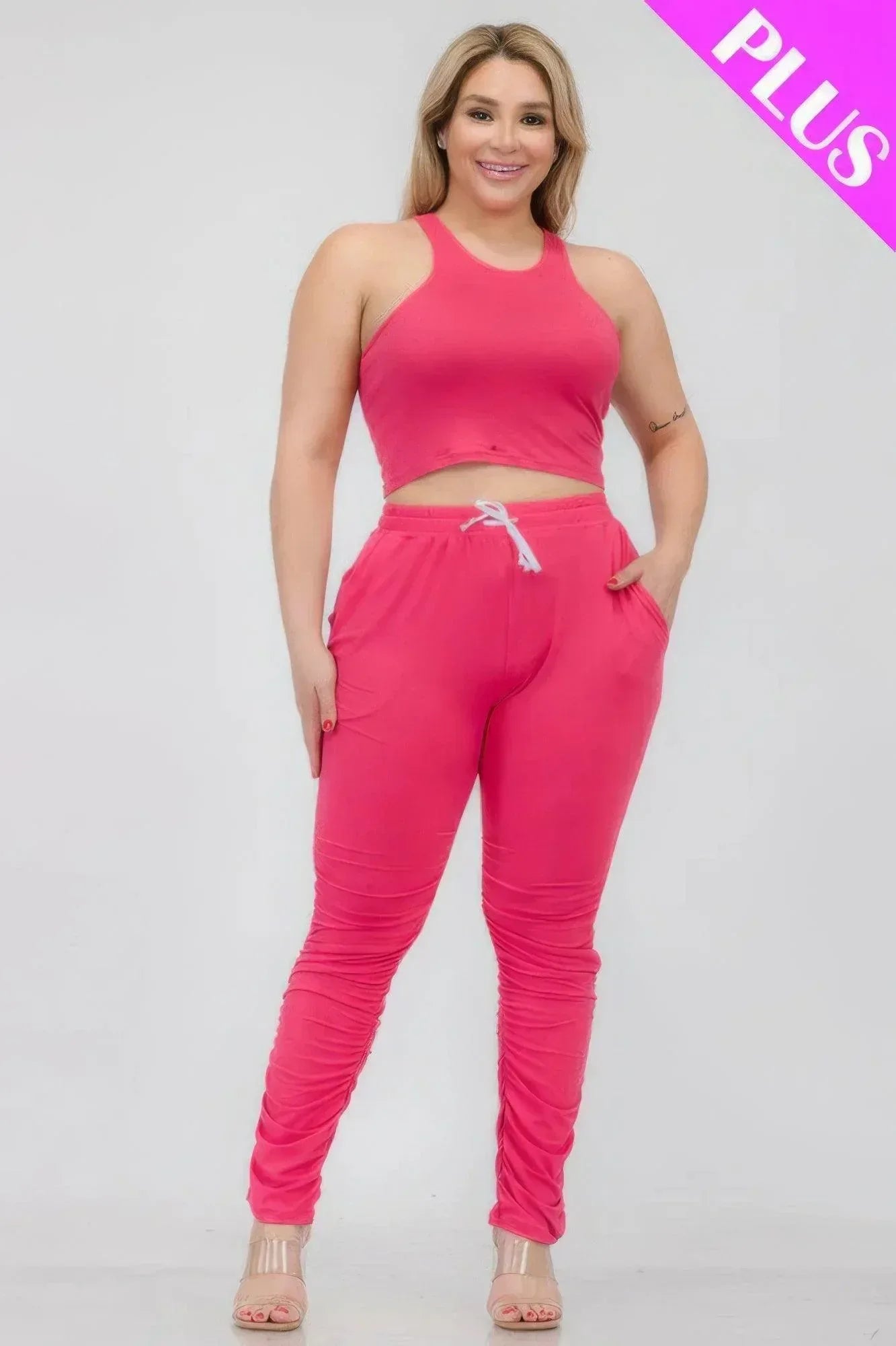 Plus Size Crop Tank Top & Ruched Pants Set | Mixtshop LLC Main image