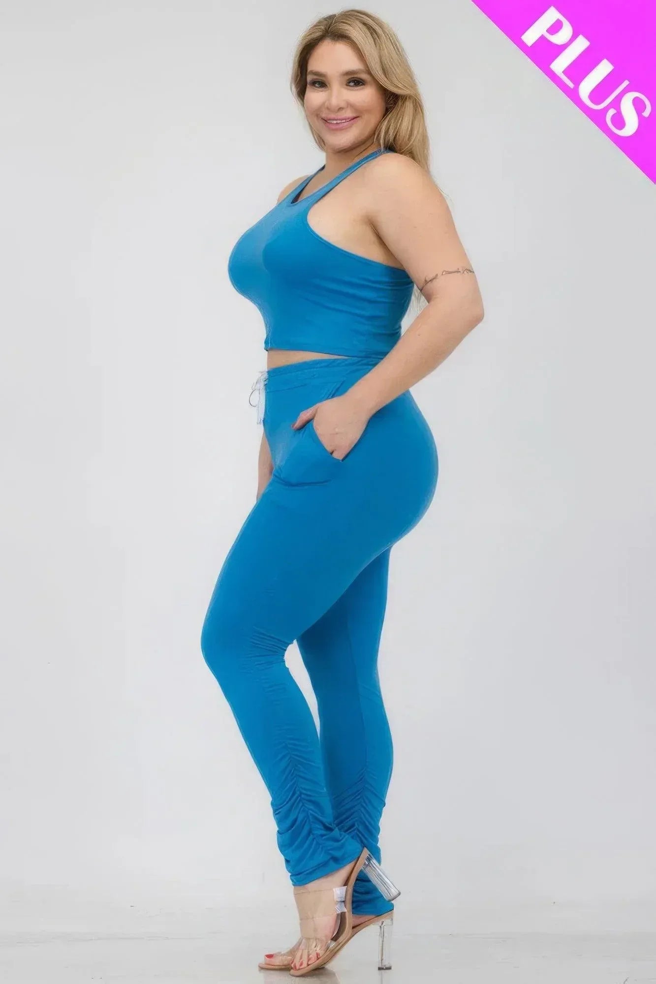 Plus Size Crop Tank Top & Ruched Pants Set | Mixtshop LLC