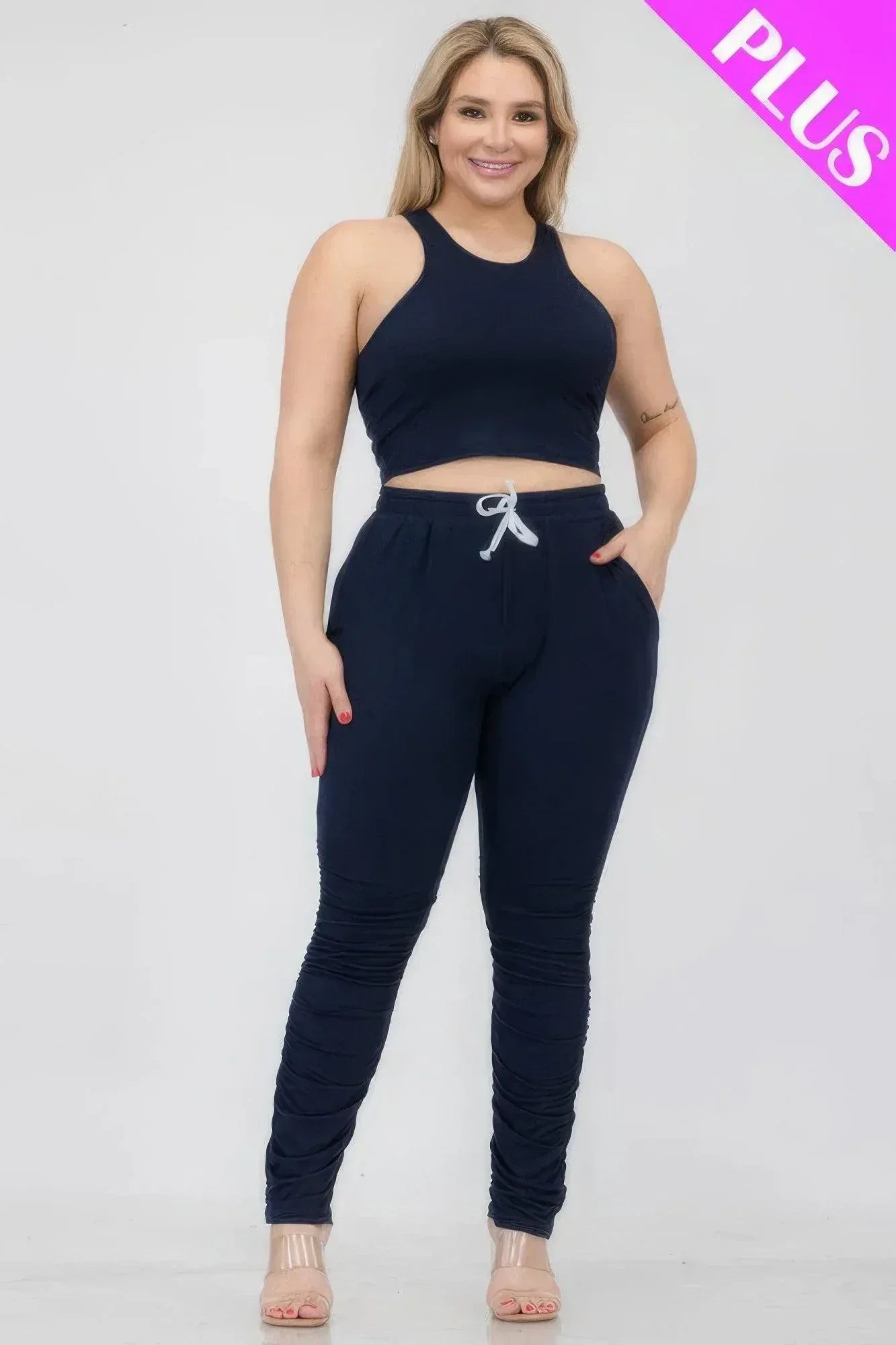 Plus Size Crop Tank Top & Ruched Pants Set | Mixtshop LLC Main image