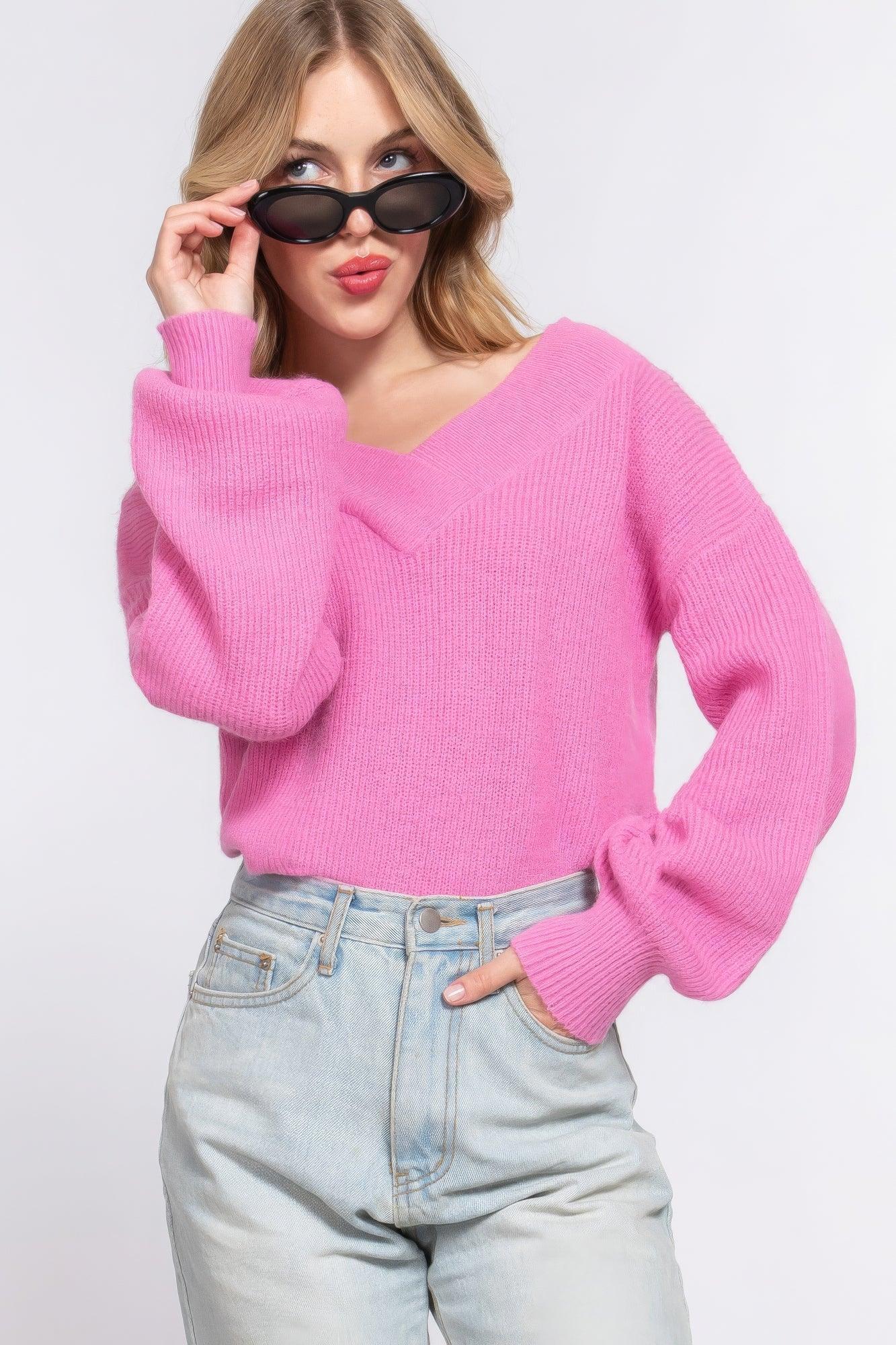 Long Slv Double V-neck Sweater | Mixtshop LLC Main image