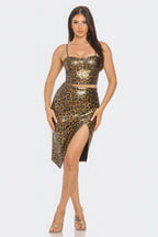 Pu Cheetah Print Top & Front Wrap Slit Skirt Set | Mixtshop LLC