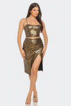 Pu Cheetah Print Top & Front Wrap Slit Skirt Set | Mixtshop LLC