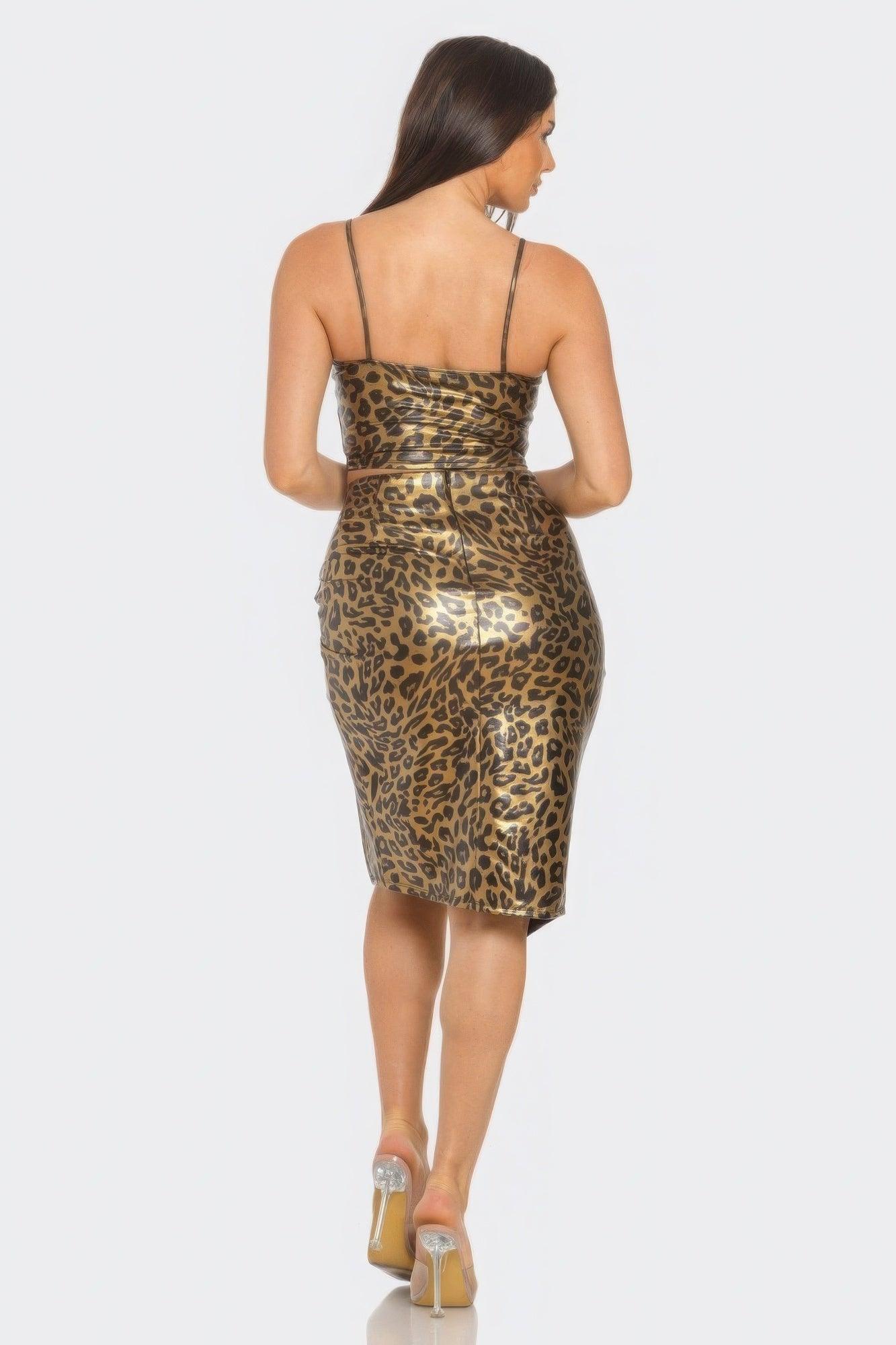 Pu Cheetah Print Top & Front Wrap Slit Skirt Set | Mixtshop LLC