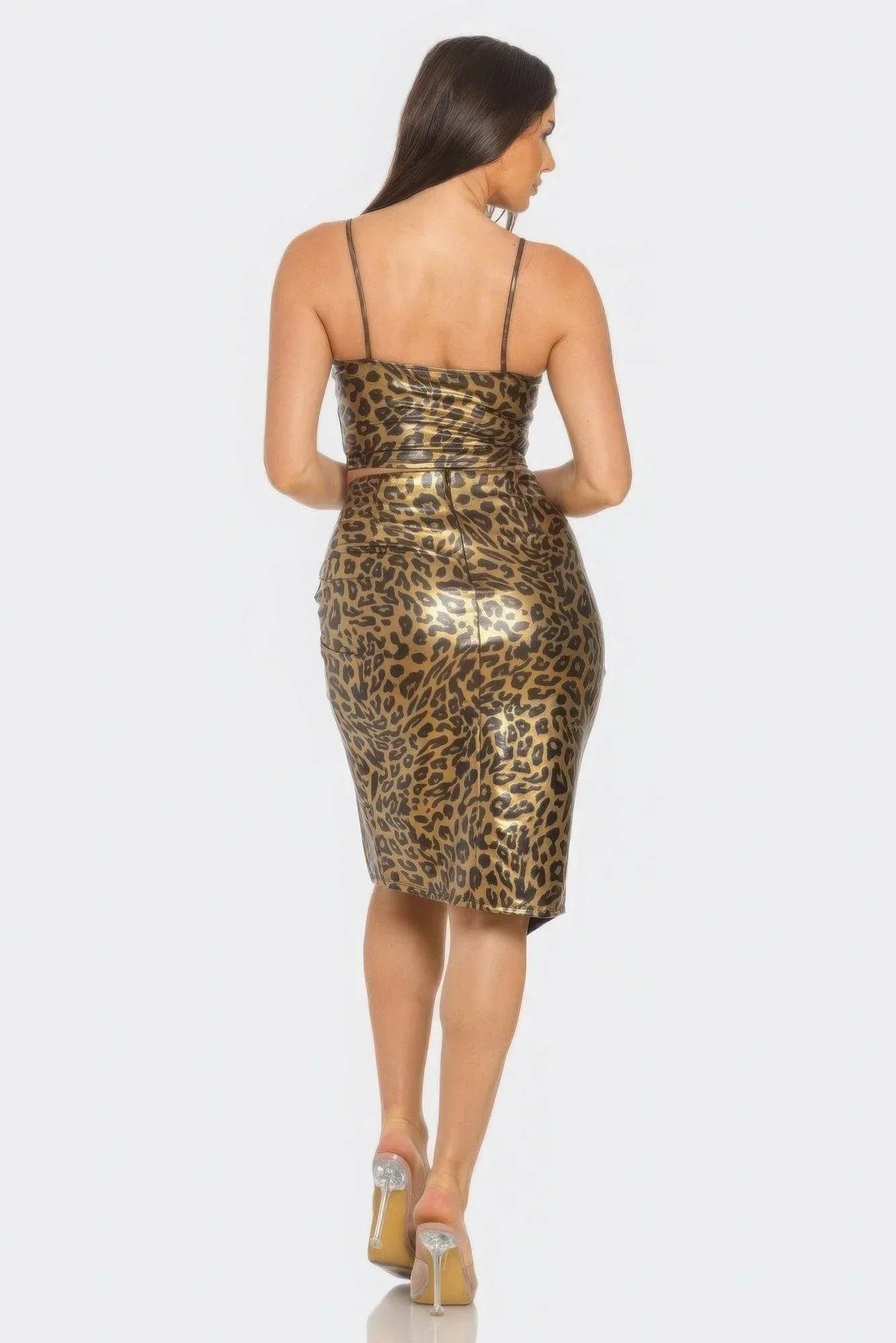 Pu Cheetah Print Top & Front Wrap Slit Skirt Set | Mixtshop LLC