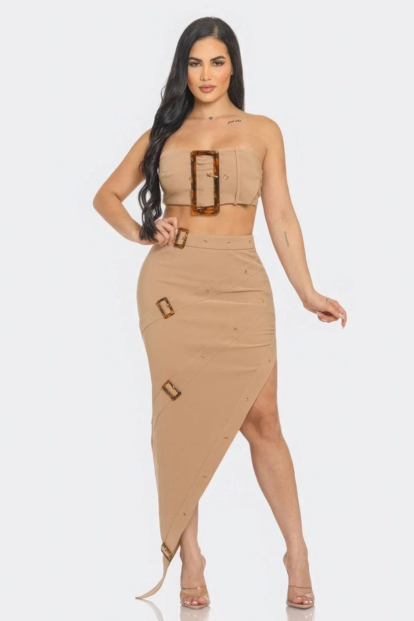 Front Eyelet Buckle Belt Top And Skirt Set | Mixtshop LLC Main image