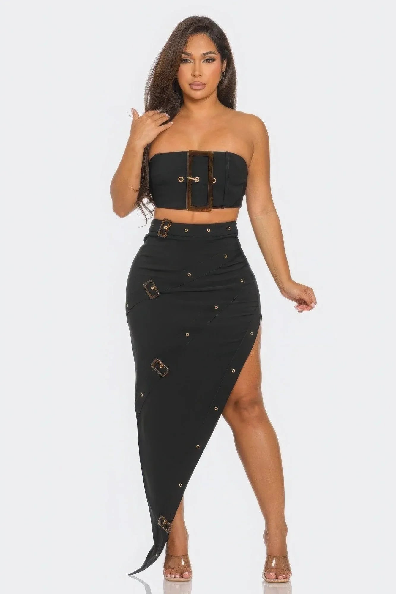 Front Eyelet Buckle Belt Top And Skirt Set | Mixtshop LLC Main image