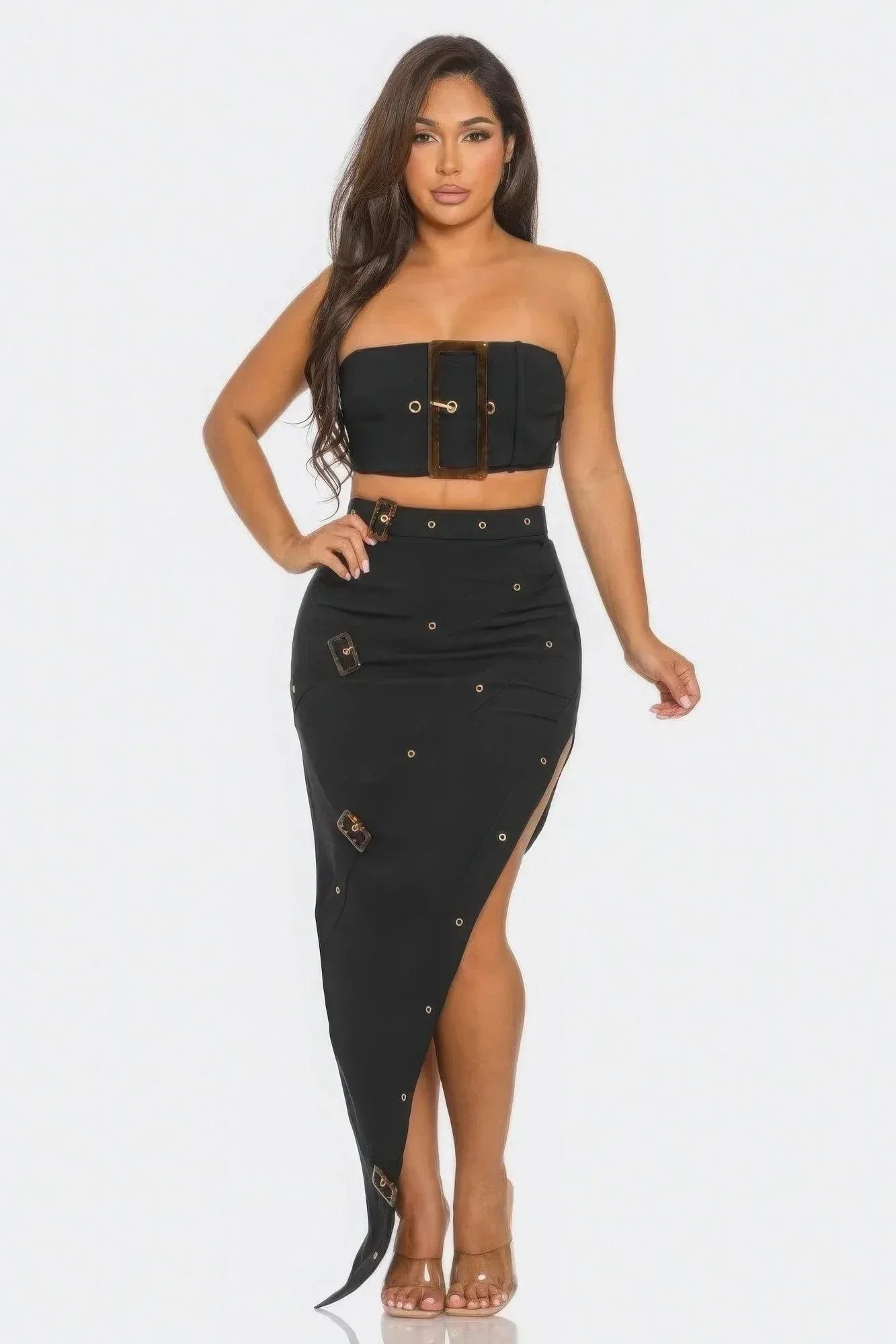 Front Eyelet Buckle Belt Top And Skirt Set Secondary image