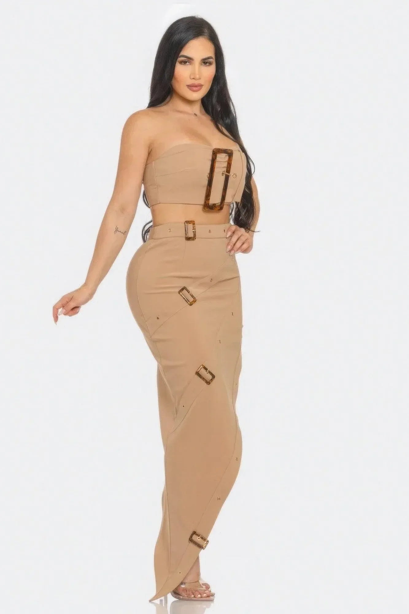 Front Eyelet Buckle Belt Top And Skirt Set Secondary image