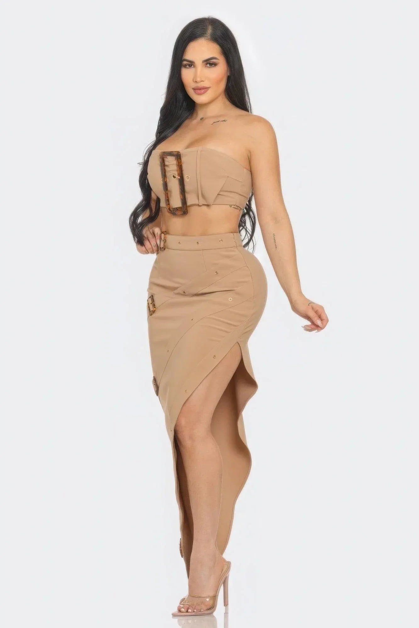 Front Eyelet Buckle Belt Top And Skirt Set | Mixtshop LLC