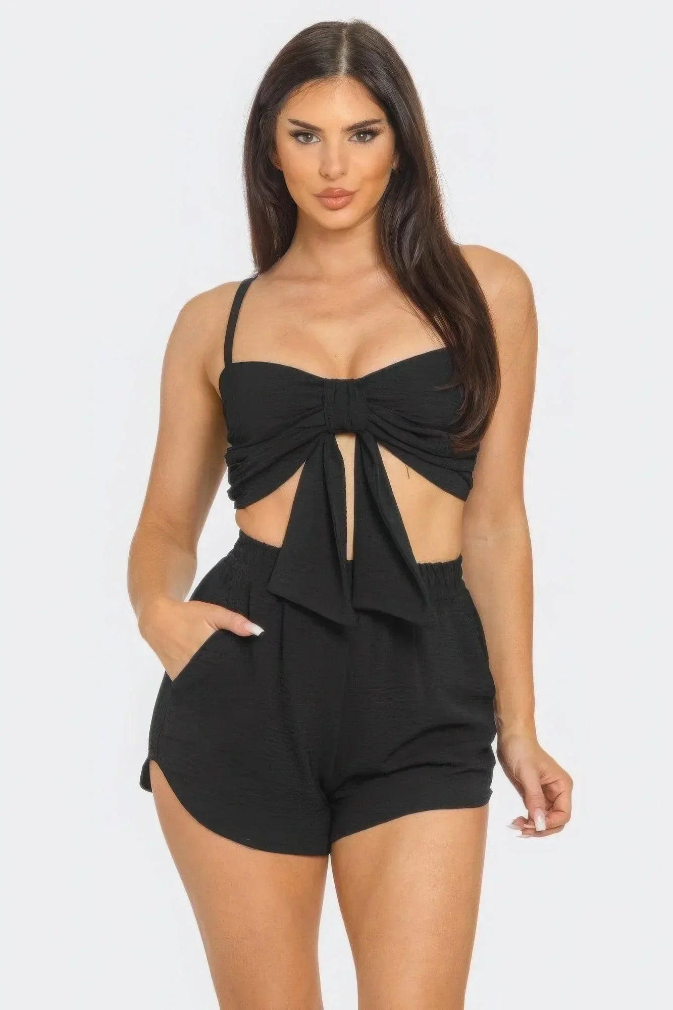 Front Oversized Bow Twisted Tie Top And Shorts Set | Mixtshop LLC Main image