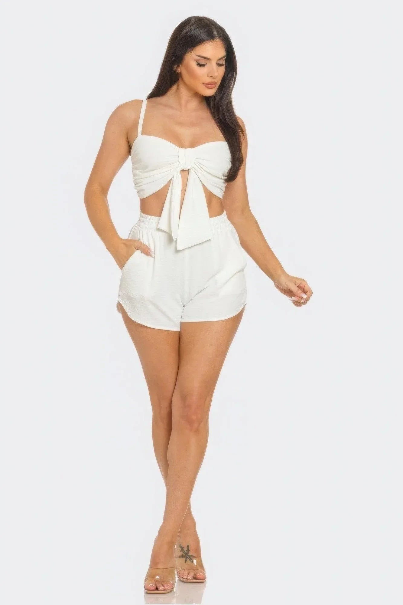 Front Oversized Bow Twisted Tie Top And Shorts Set Secondary image