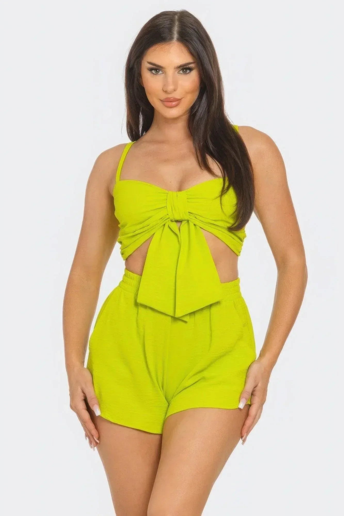 Front Oversized Bow Twisted Tie Top And Shorts Set | Mixtshop LLC