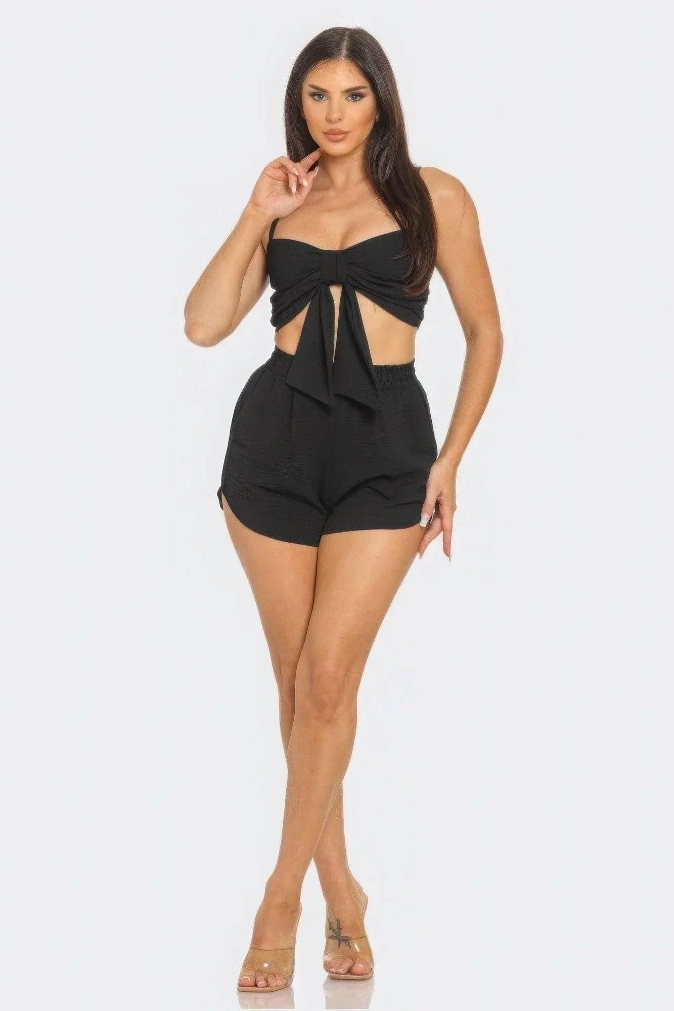 Front Oversized Bow Twisted Tie Top And Shorts Set | Mixtshop LLC