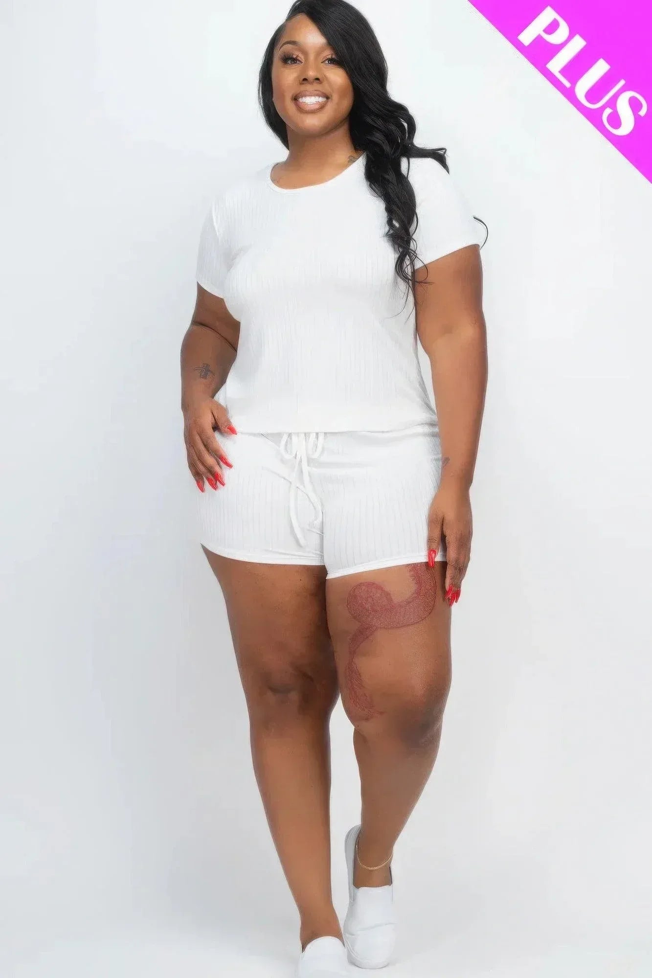 Plus Size Ribbed Short Sleeve Top&shorts Set Secondary image