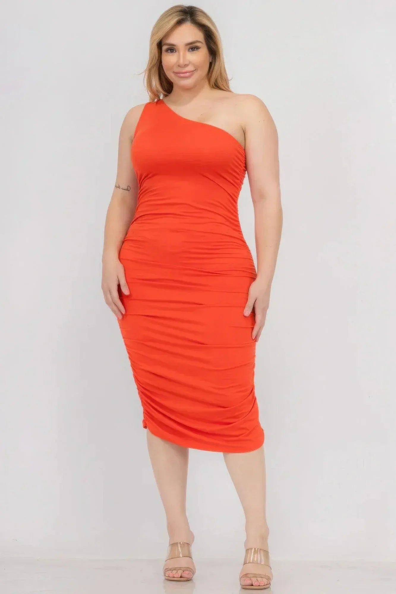 Plus Size Sexy Solid Color Ruched One Shoulder Midi Bodycon Dress | Mixtshop LLC Main image