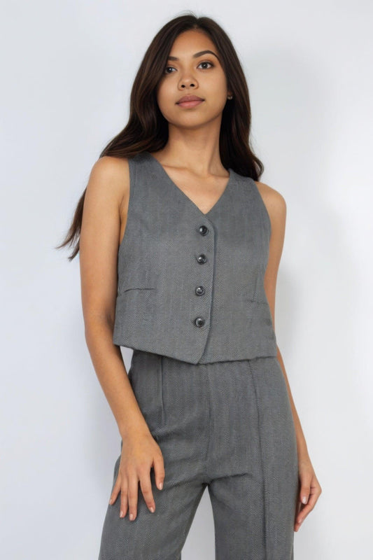 Herringbone V-neck Buttoned Vest Top | Mixtshop LLC