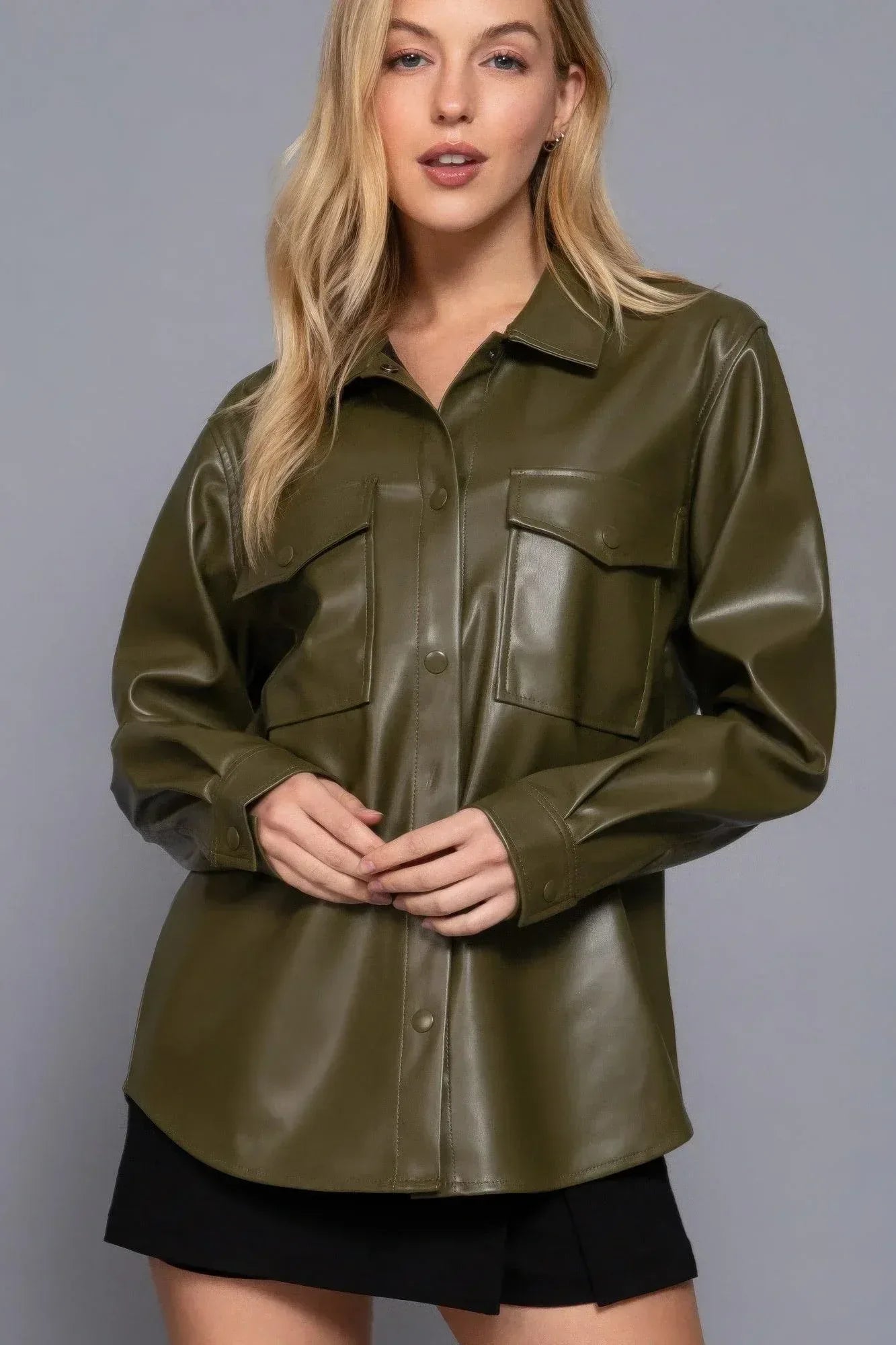 Long Slv Faux Leather Shacket | Mixtshop LLC Main image