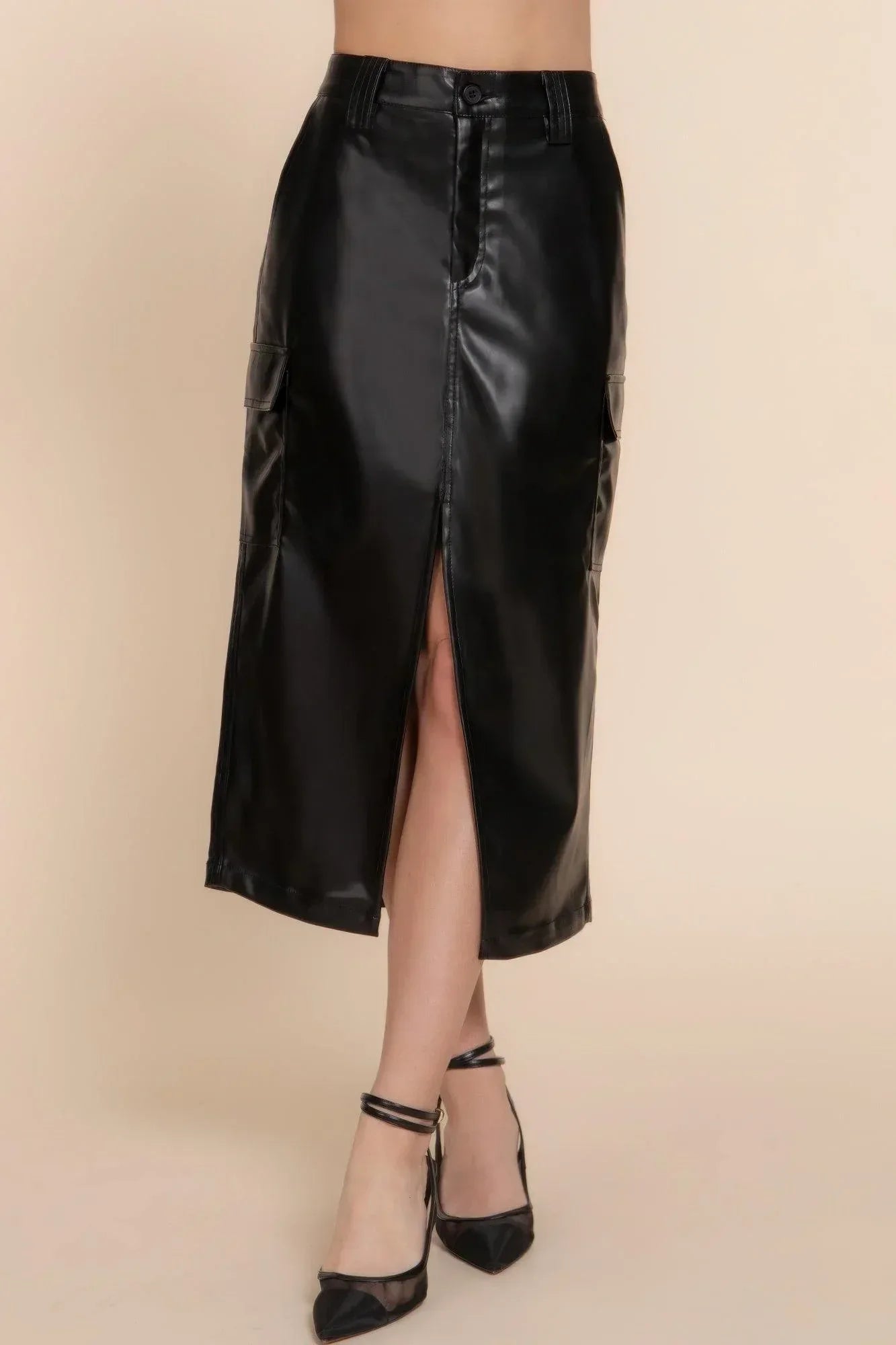 Faux Leather Midi Cargo Skirt | Mixtshop LLC Main image