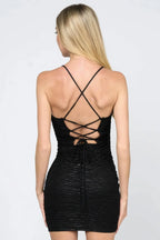 Textured coating knit sleeveless darwsrting lace back bodycon mini dress | Mixtshop LLC