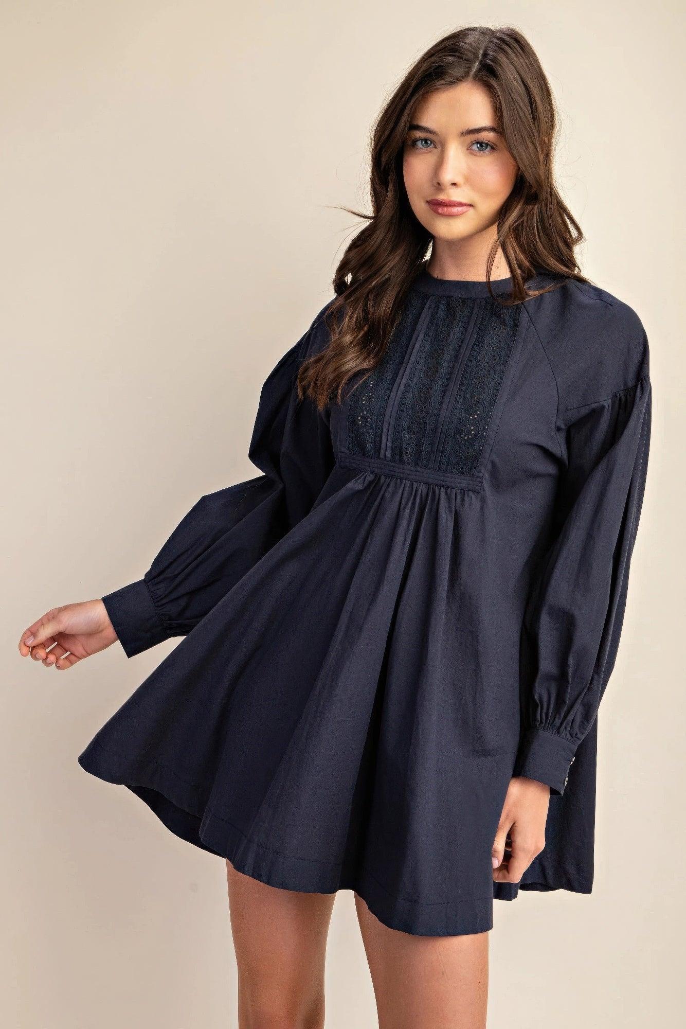 Long sleeve mini dress with lace detail | Mixtshop LLC Main image